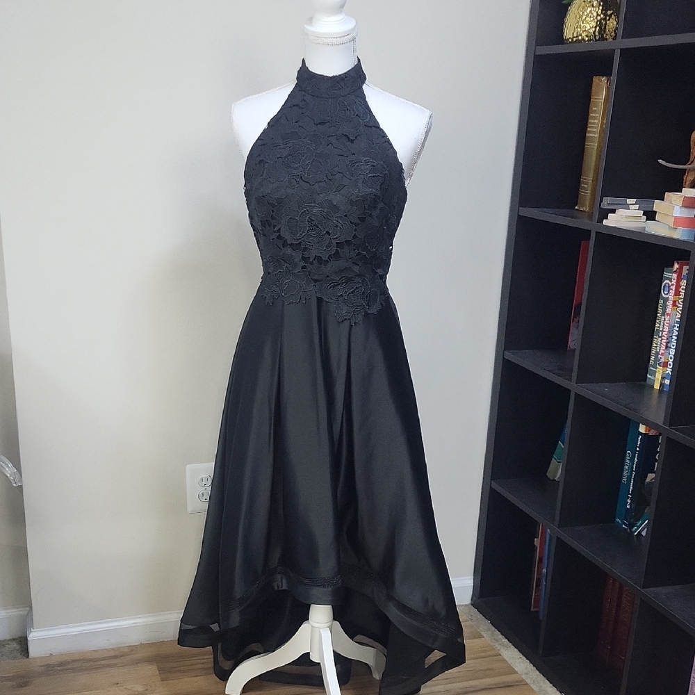 AVERY G Black Lace Bodice Halter T-Back Hi-Low Formal Dress - Picture 2 of 16